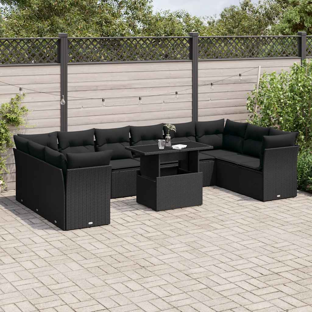 Set Divani da Giardino 11 pz con Cuscini in Polyrattan Nero | homemem39