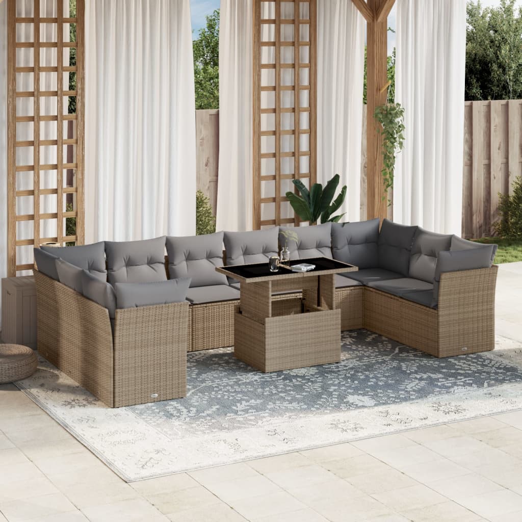 Set Divani da Giardino 11 pz con Cuscini Beige in Polyrattan | homemem39