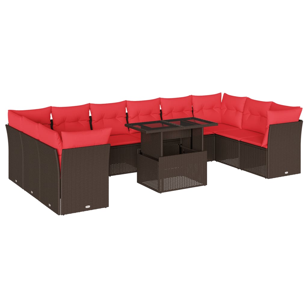 Set Divani da Giardino 11 pz con Cuscini Marrone in Polyrattan