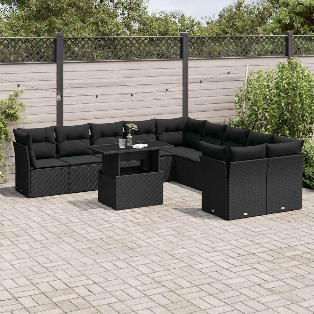 Set Divani da Giardino 11 pz con Cuscini in Polyrattan Nero | homemem39