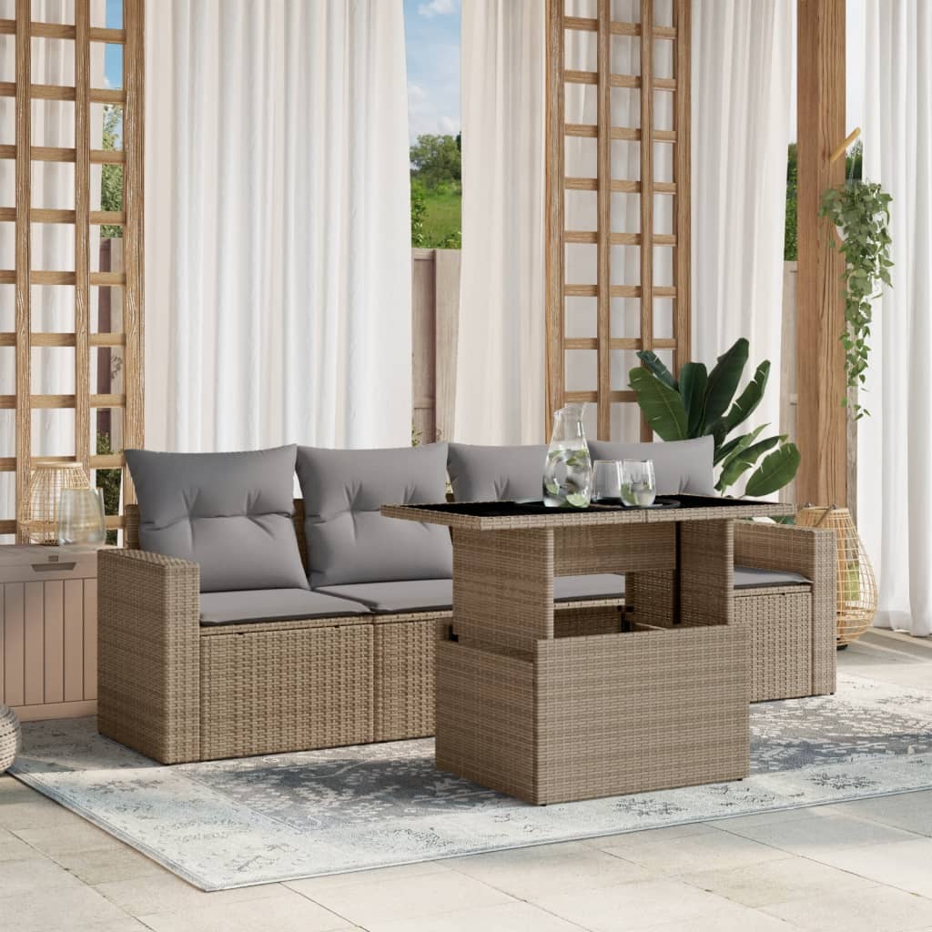 Set Divano da Giardino 5 pz con Cuscini Beige in Polyrattan | homemem39