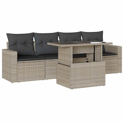 Set Divano da Giardino 5pz con Cuscini Grigio Chiaro Polyrattan