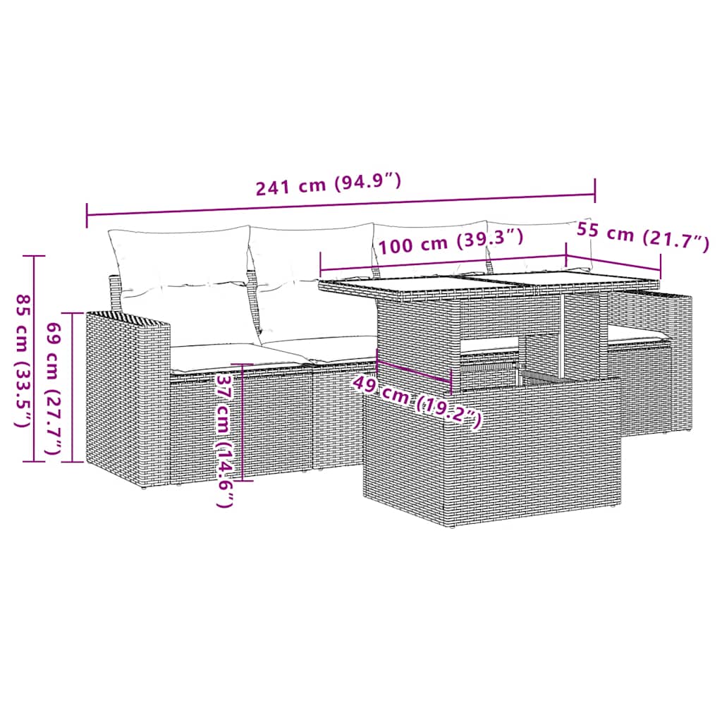 Set Divano da Giardino 5pz con Cuscini Grigio Chiaro Polyrattan