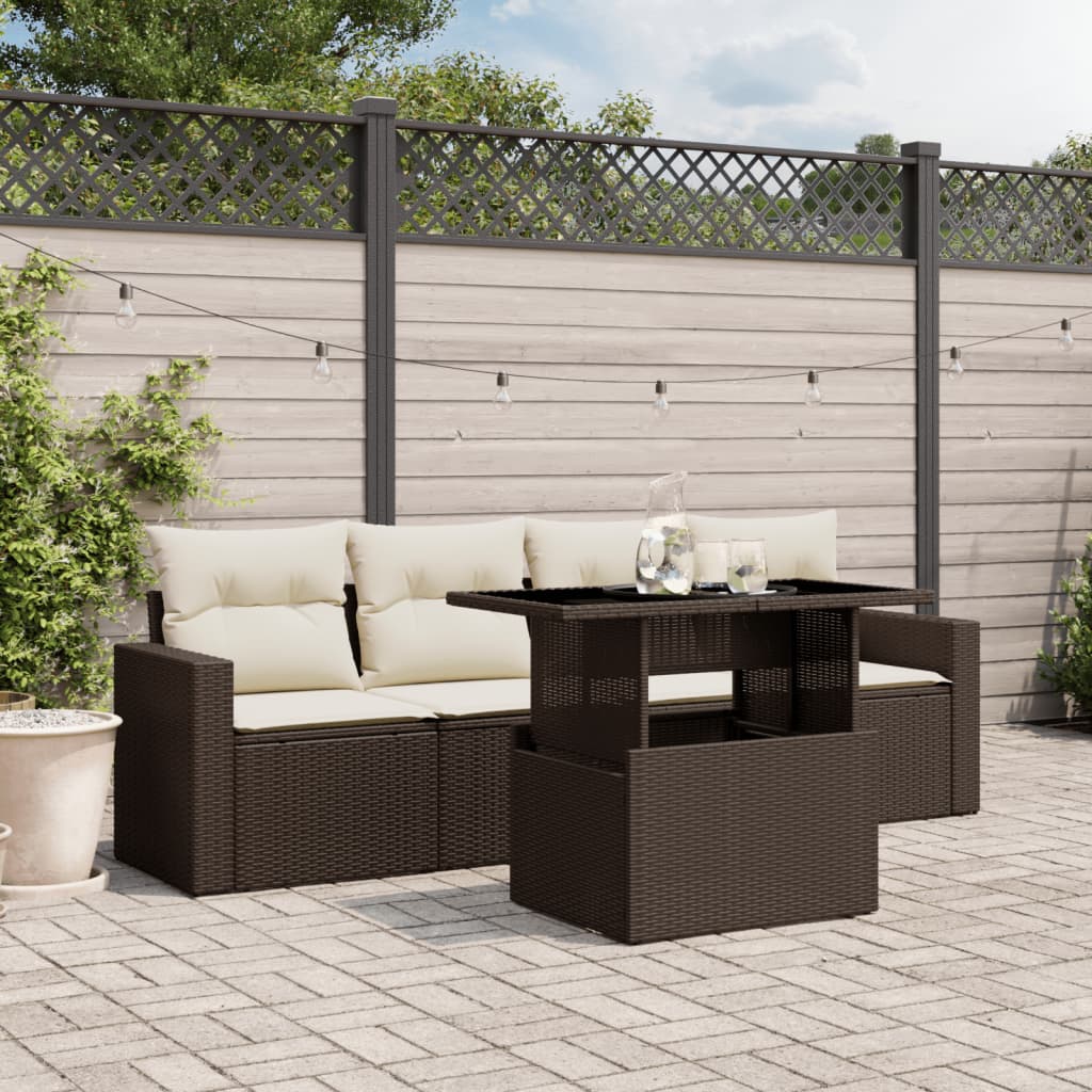 Set Divano da Giardino 5 pz con Cuscini Marrone in Polyrattan - homemem39