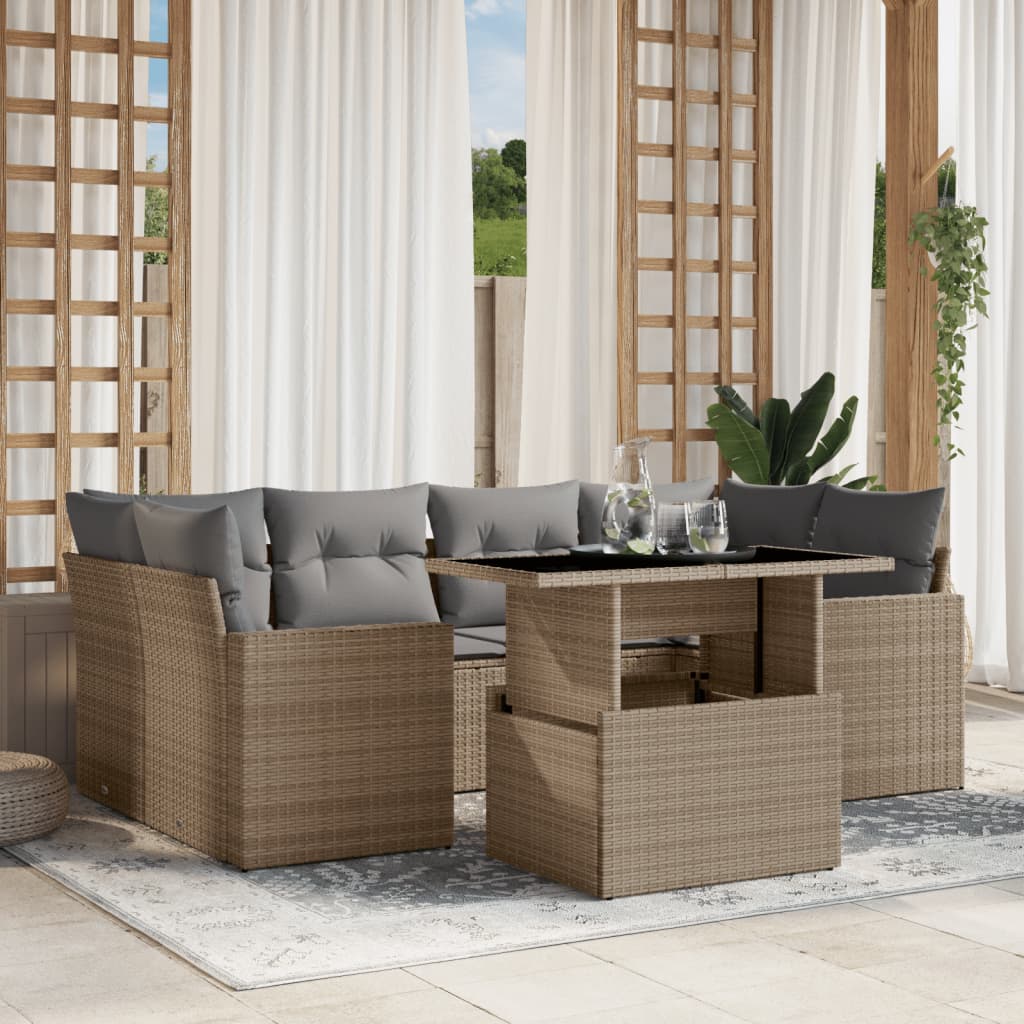 Set Divani da Giardino 7 pz con Cuscini Beige in Polyrattan | homemem39