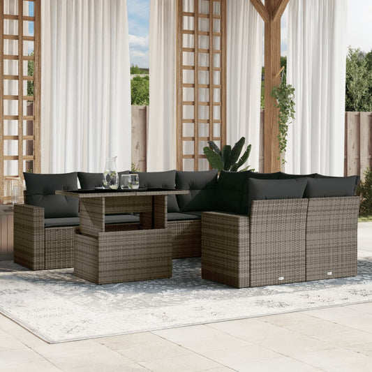 Set Divano da Giardino 9 pz con Cuscini Grigio in Polyrattan - homemem39