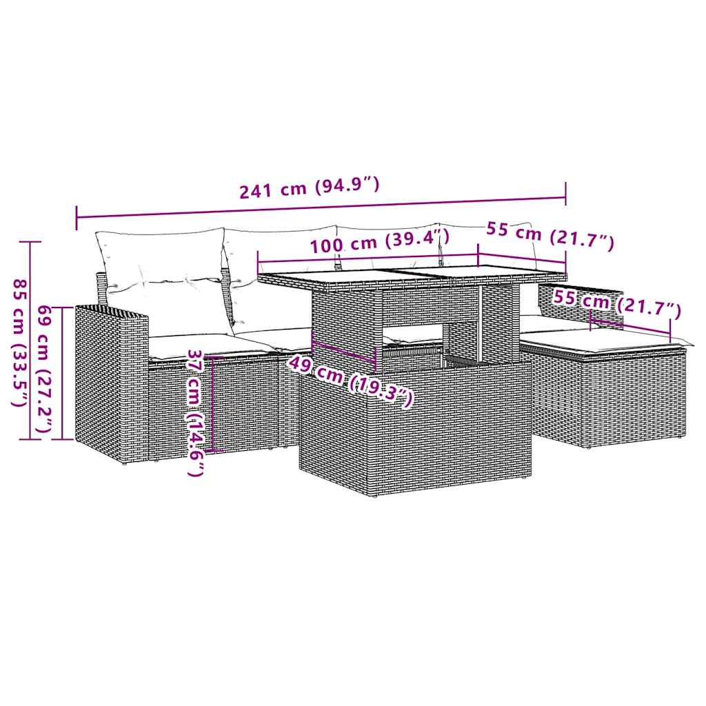 Set Divano da Giardino 6 pz con Cuscini Nero in Polyrattan - homemem39