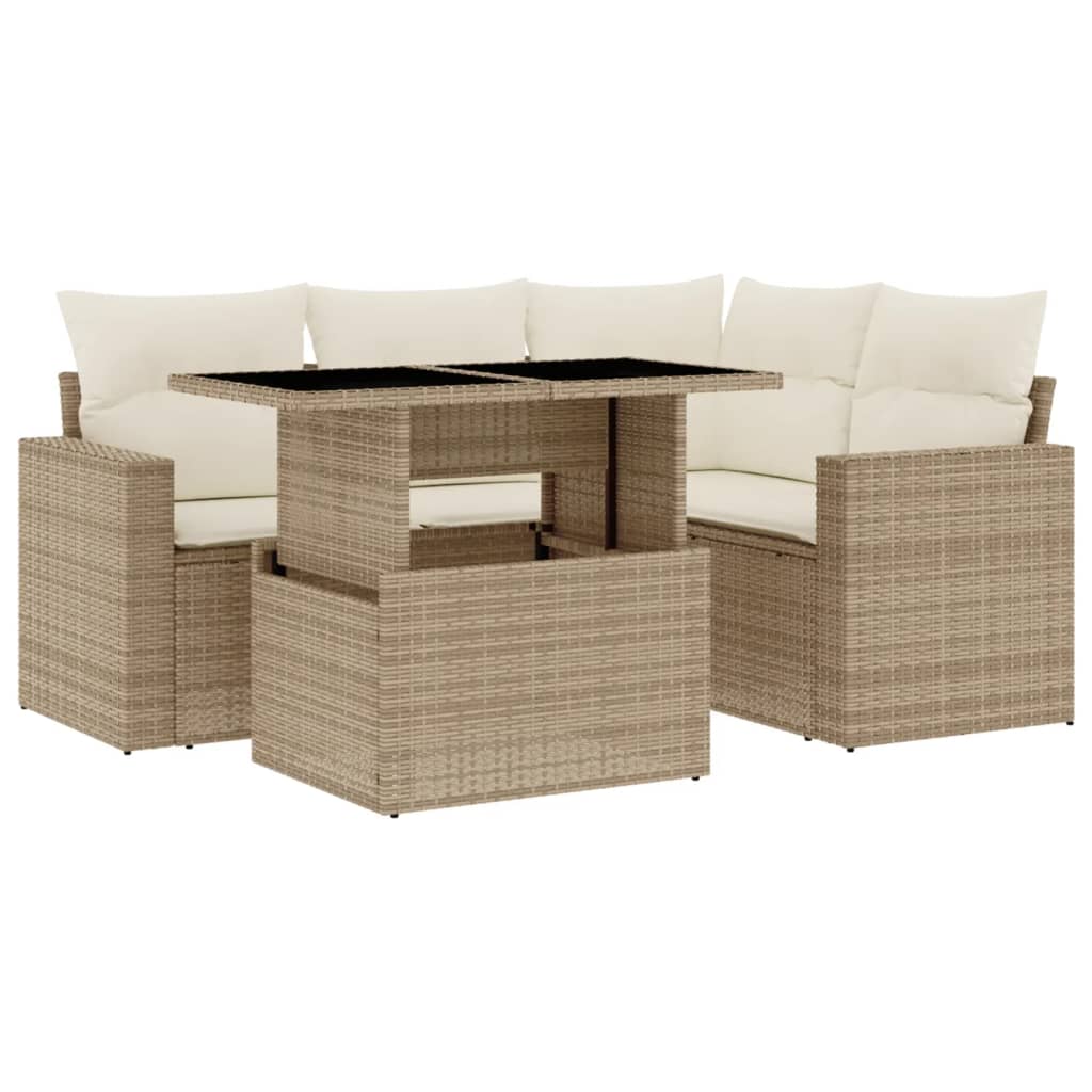 Set Divano da Giardino 5 pz con Cuscini Beige in Polyrattan - homemem39