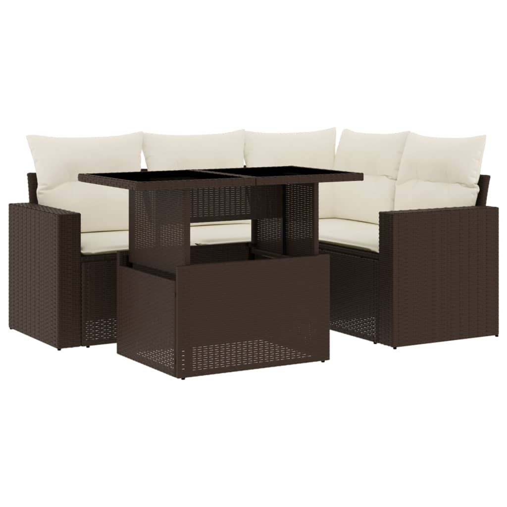 Set Divano da Giardino 5 pz con Cuscini Marrone in Polyrattan - homemem39