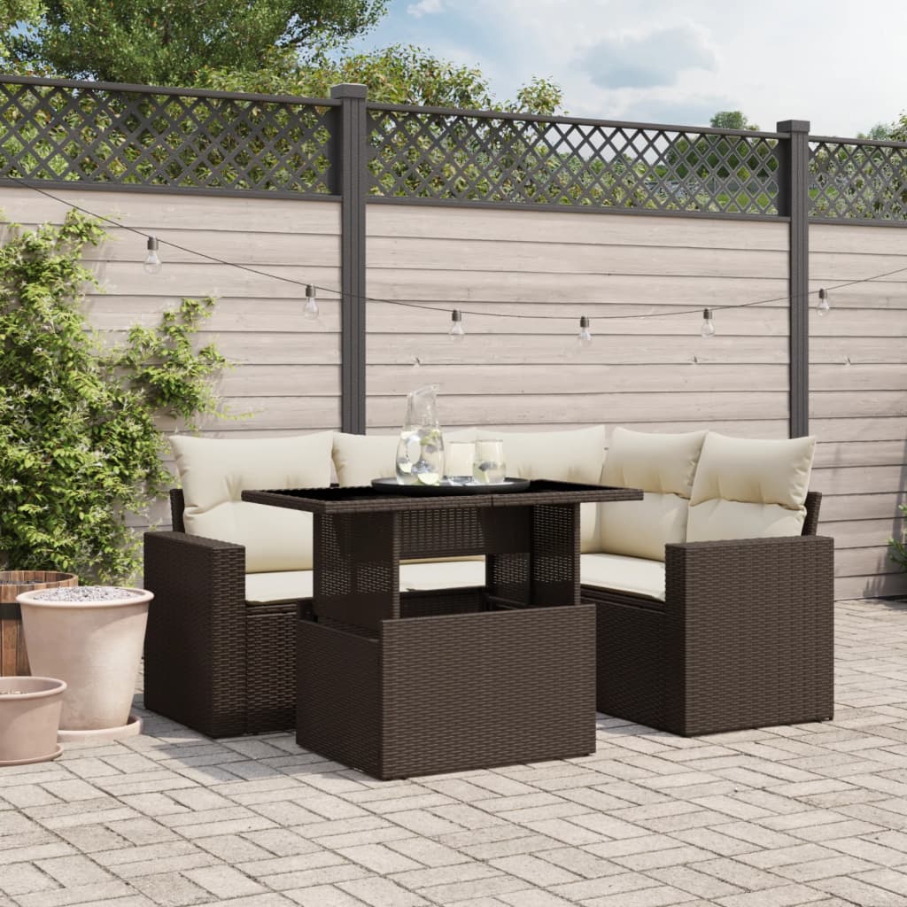 Set Divano da Giardino 5 pz con Cuscini Marrone in Polyrattan - homemem39