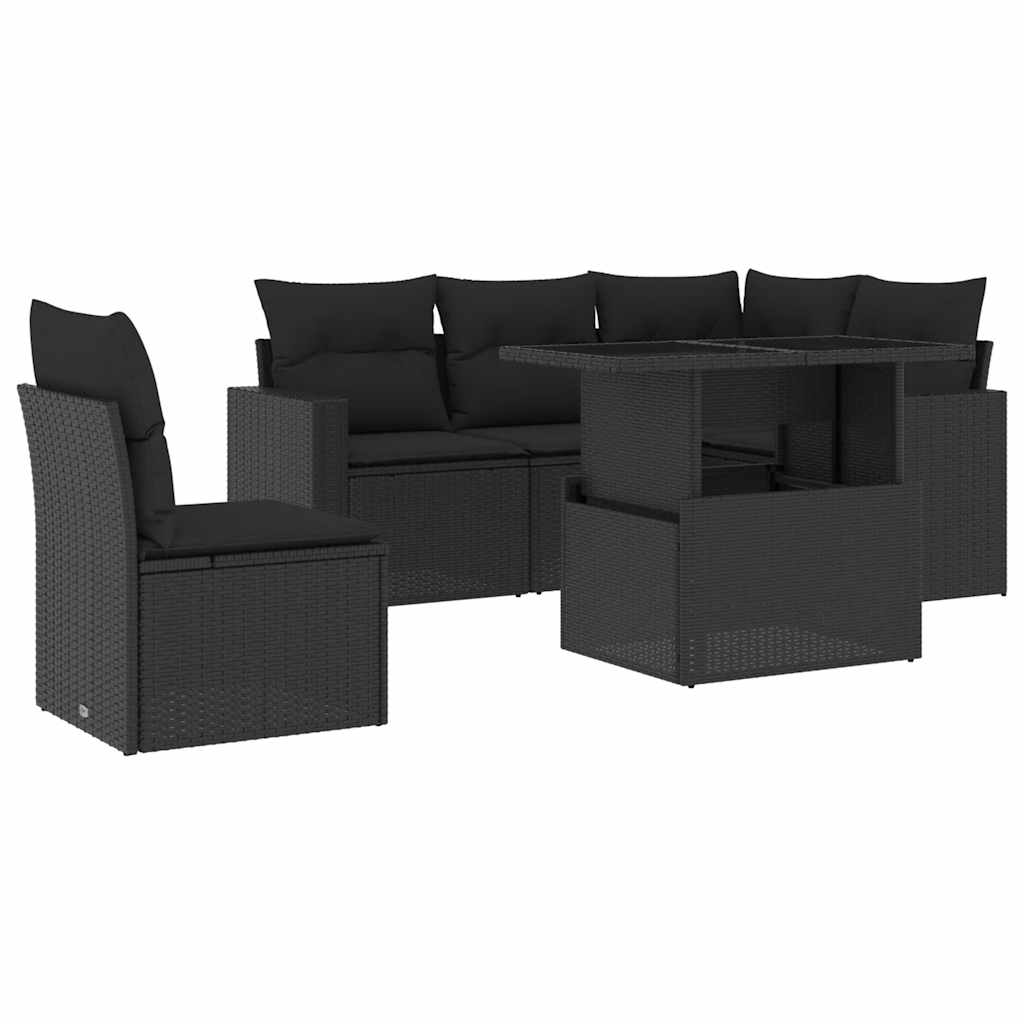 Set Divano da Giardino 6 pz con Cuscini Nero in Polyrattan