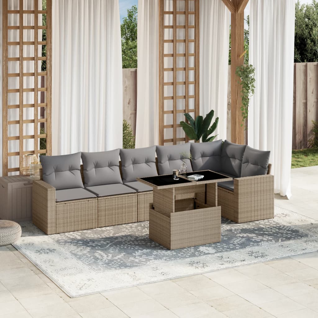 Set Divani da Giardino 7 pz con Cuscini Beige in Polyrattan - homemem39