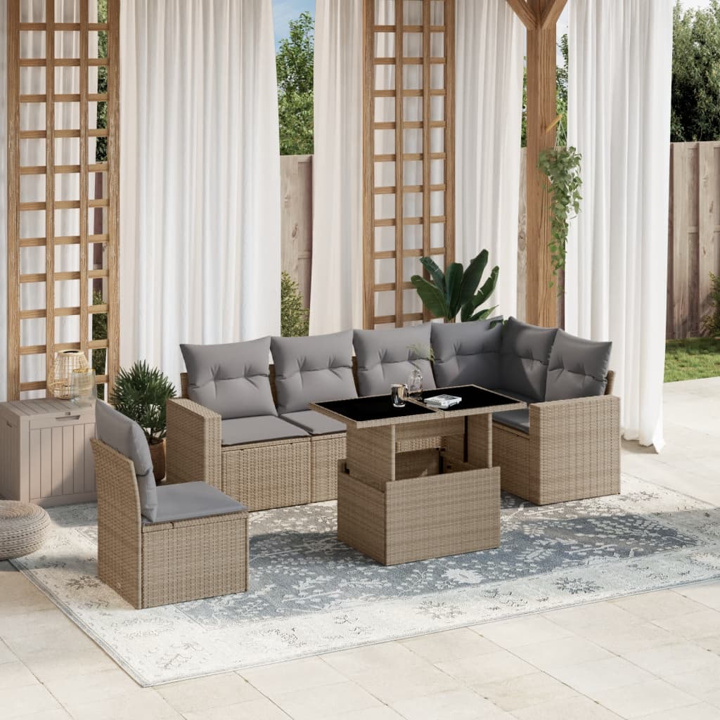 Set Divani da Giardino 7 pz con Cuscini Beige in Polyrattan | homemem39