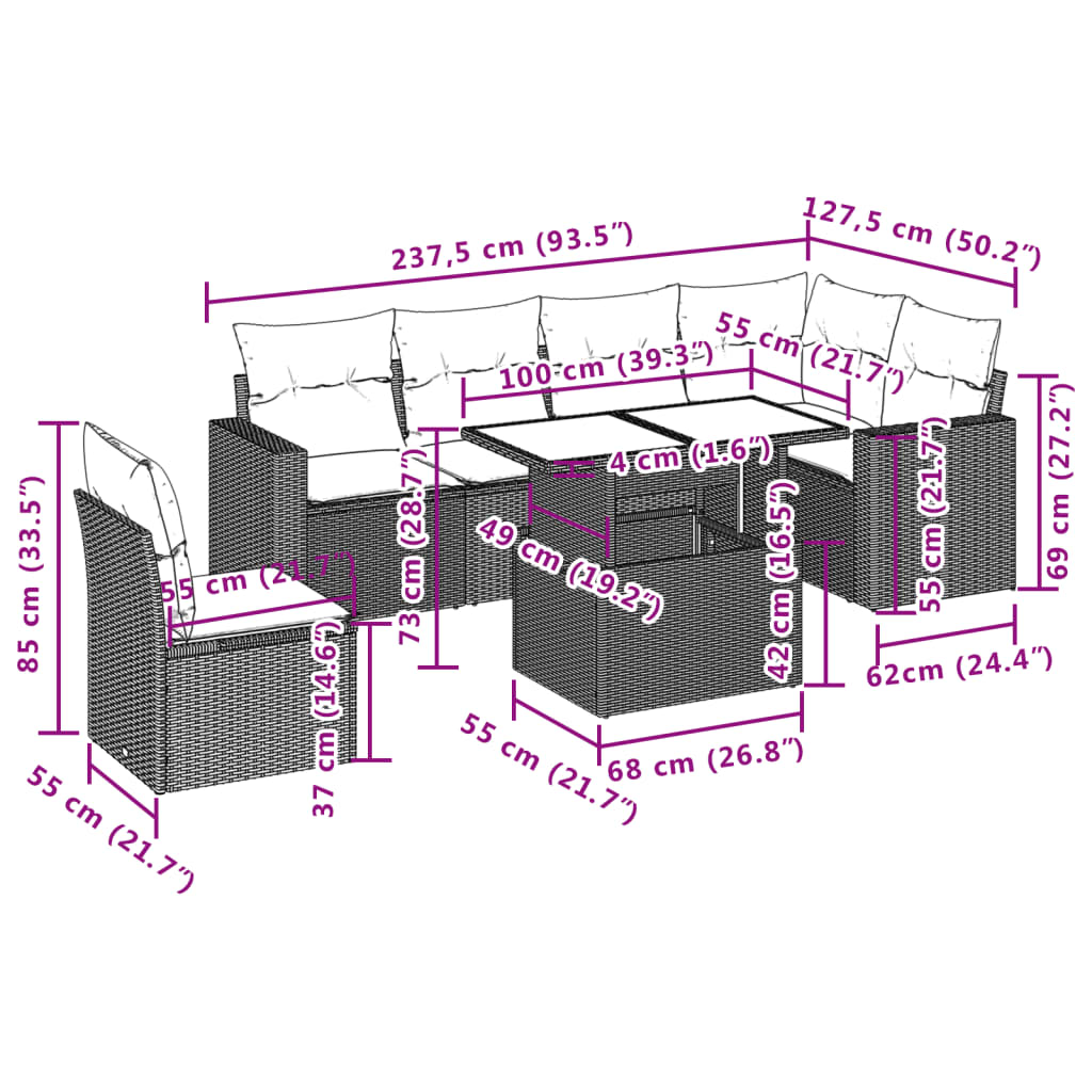 Set Divani da Giardino 7 pz con Cuscini Grigio in Polyrattan | homemem39