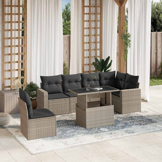 Set Divani da Giardino 7pz con Cuscini Grigio Chiaro Polyrattan