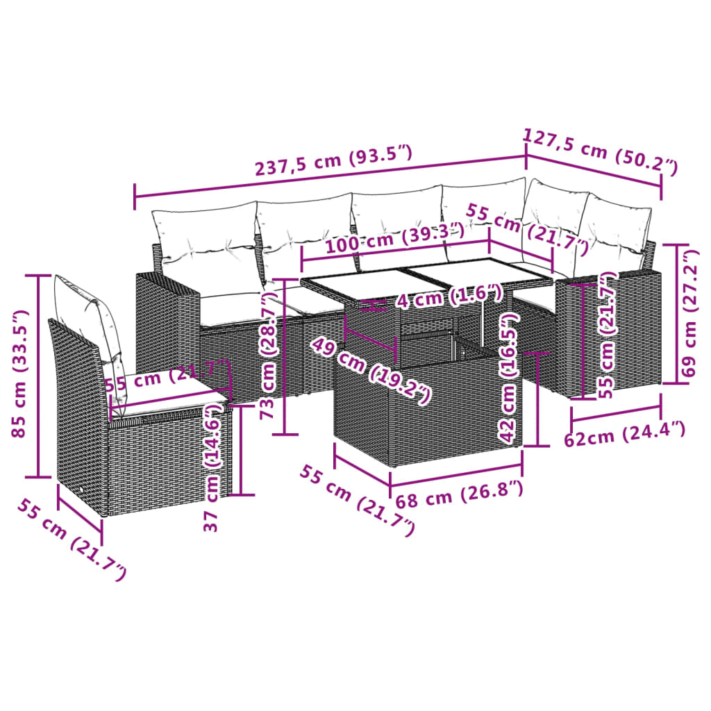Set Divani da Giardino 7 pz con Cuscini Marrone in Polyrattan | homemem39