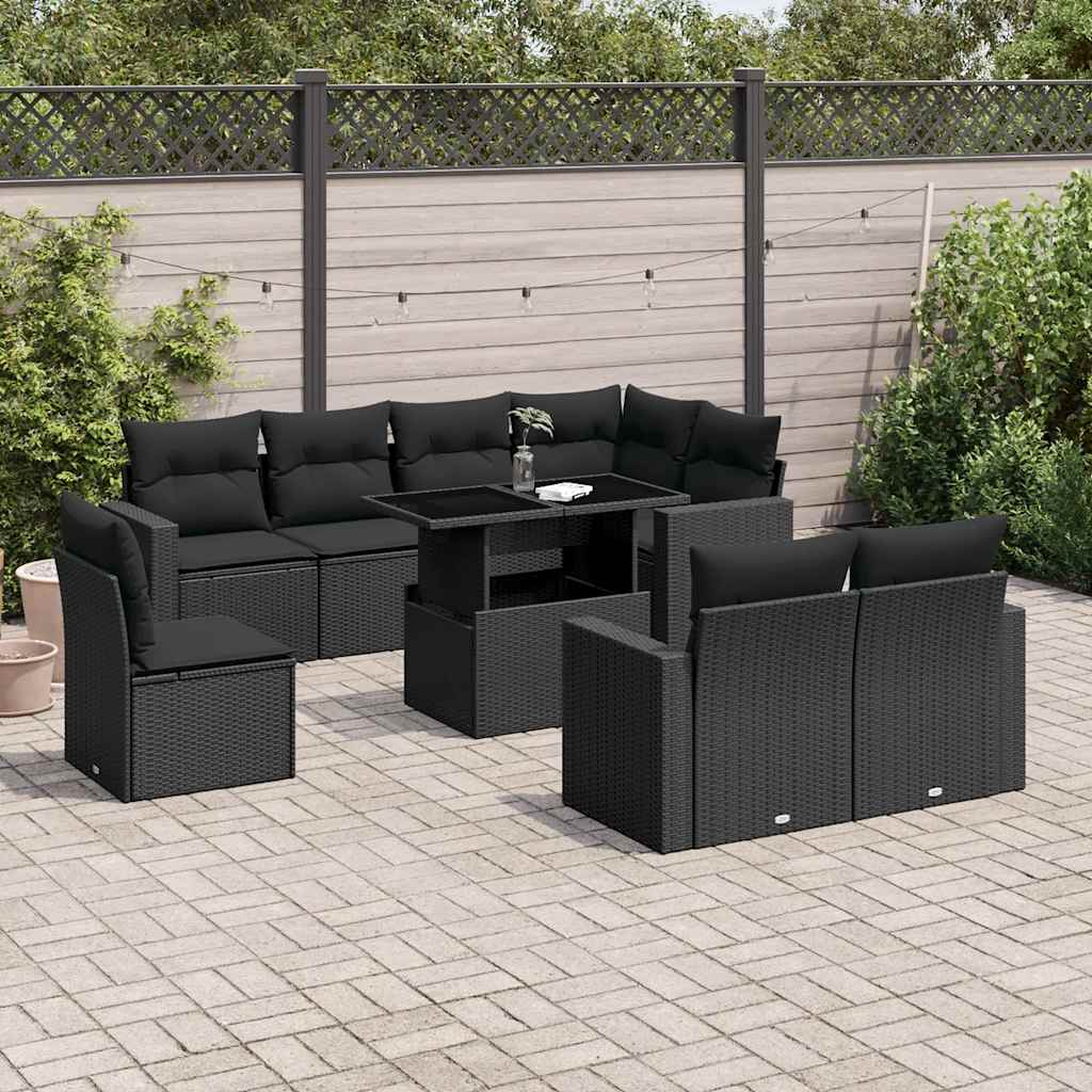Set Divani da Giardino 9 pz con Cuscini Nero in Polyrattan | homemem39