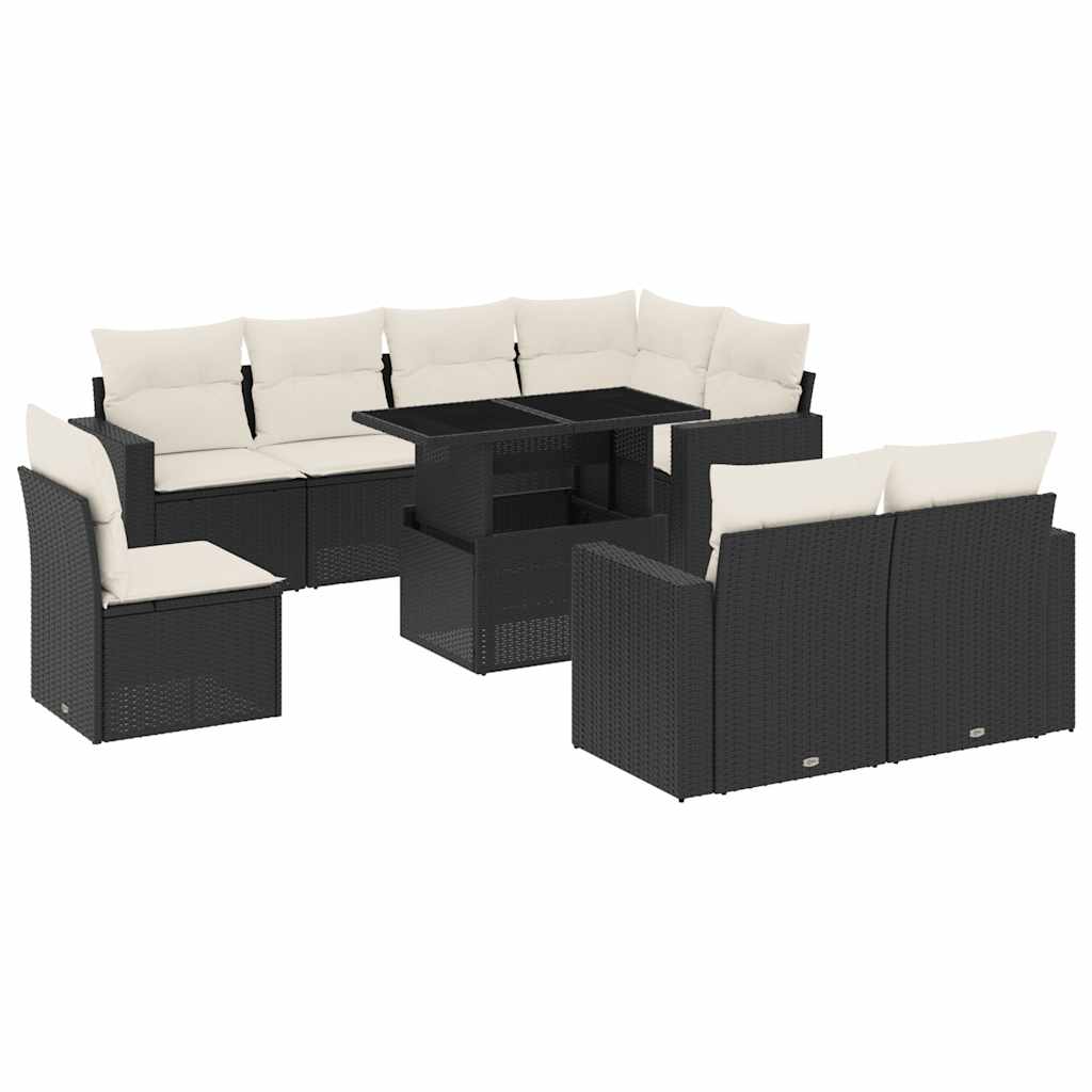 Set Divani da Giardino 9 pz con Cuscini Nero in Polyrattan - homemem39
