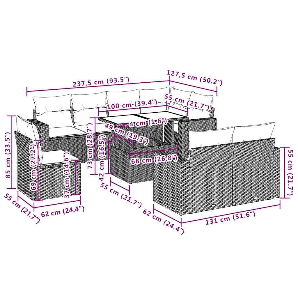 Set Divano da Giardino 9 pz con Cuscini Beige in Polyrattan - homemem39