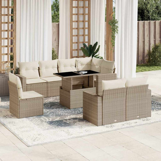 Set Divano da Giardino 9 pz con Cuscini Beige in Polyrattan - homemem39