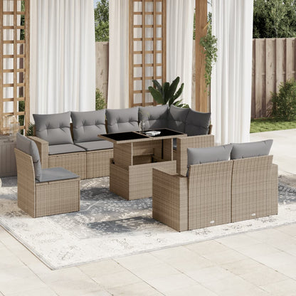 Set Divano da Giardino 9 pz con Cuscini Beige in Polyrattan - homemem39