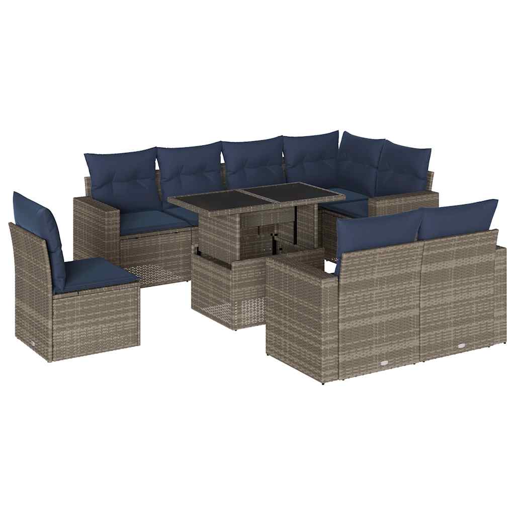 Set Divani da Giardino 9 pz con Cuscini Grigio in Polyrattan | homemem39