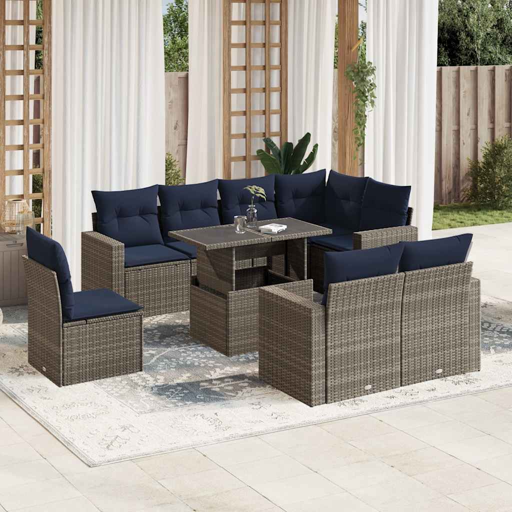 Set Divani da Giardino 9 pz con Cuscini Grigio in Polyrattan | homemem39