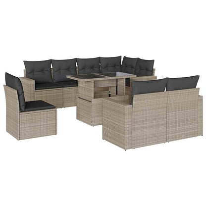 Set Divano da Giardino 9pz con Cuscini Grigio Chiaro Polyrattan