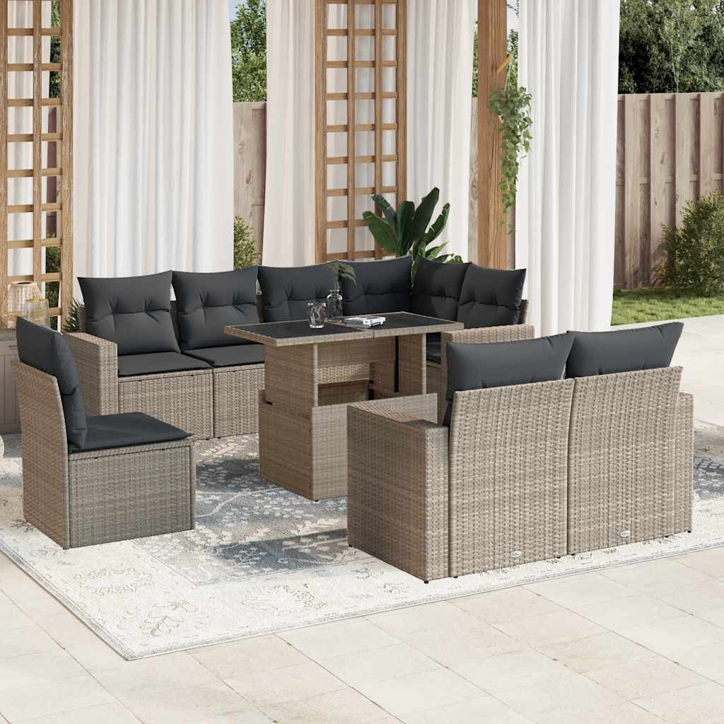 Set Divano da Giardino 9pz con Cuscini Grigio Chiaro Polyrattan