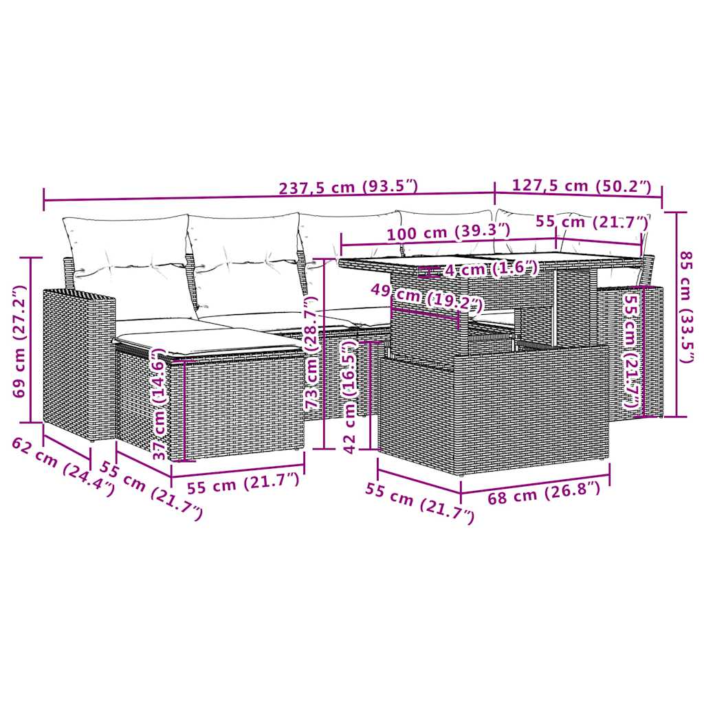 Set Divani da Giardino 7 pz con Cuscini Grigio in Polyrattan | homemem39