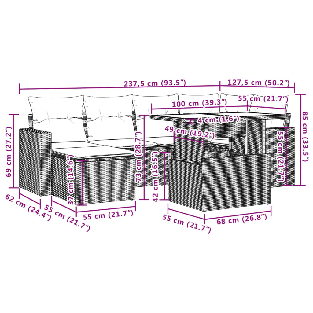 Set Divani da Giardino 7 pz con Cuscini Marrone in Polyrattan | homemem39