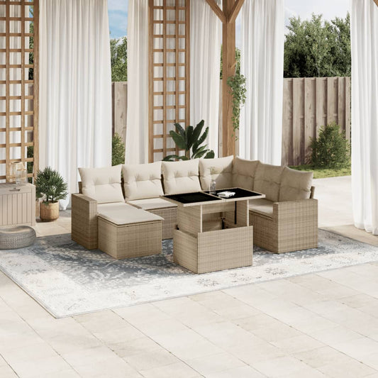 Set Divano da Giardino 8 pz con Cuscini Beige in Polyrattan