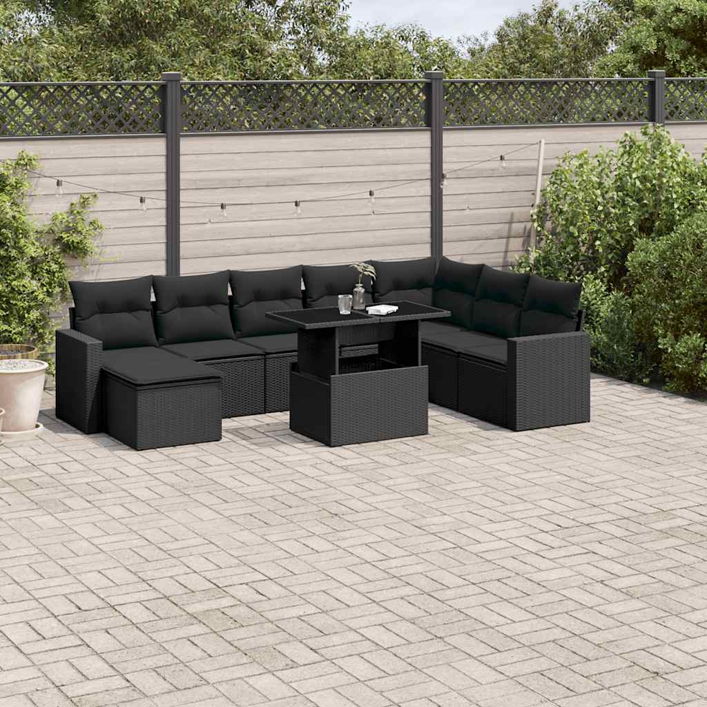 Set Divani da Giardino 9 pz con Cuscini Nero in Polyrattan | homemem39