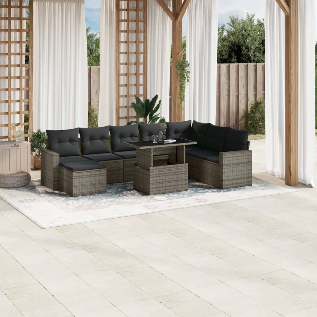 Set Divano da Giardino 9 pz con Cuscini Grigio in Polyrattan | homemem39