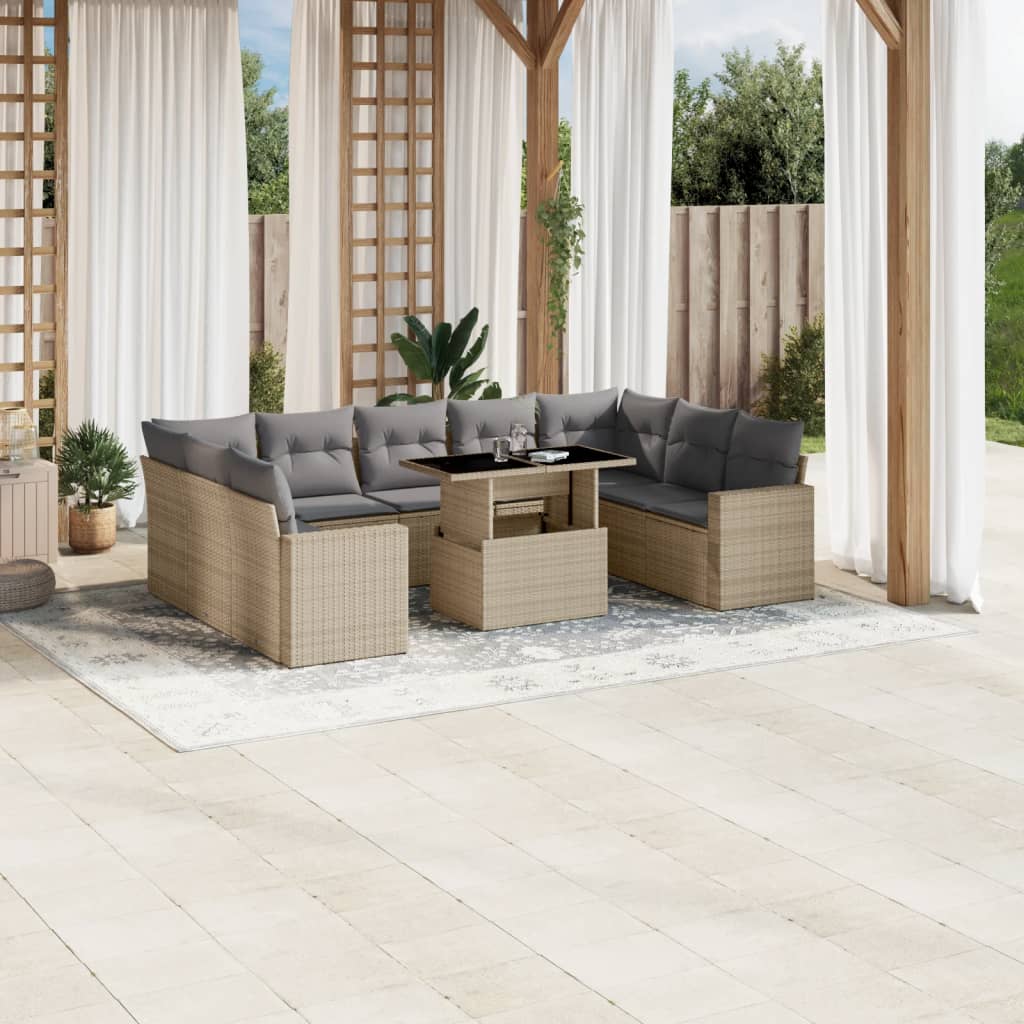 Set Divano da Giardino 10 pz con Cuscini Beige in Polyrattan - homemem39