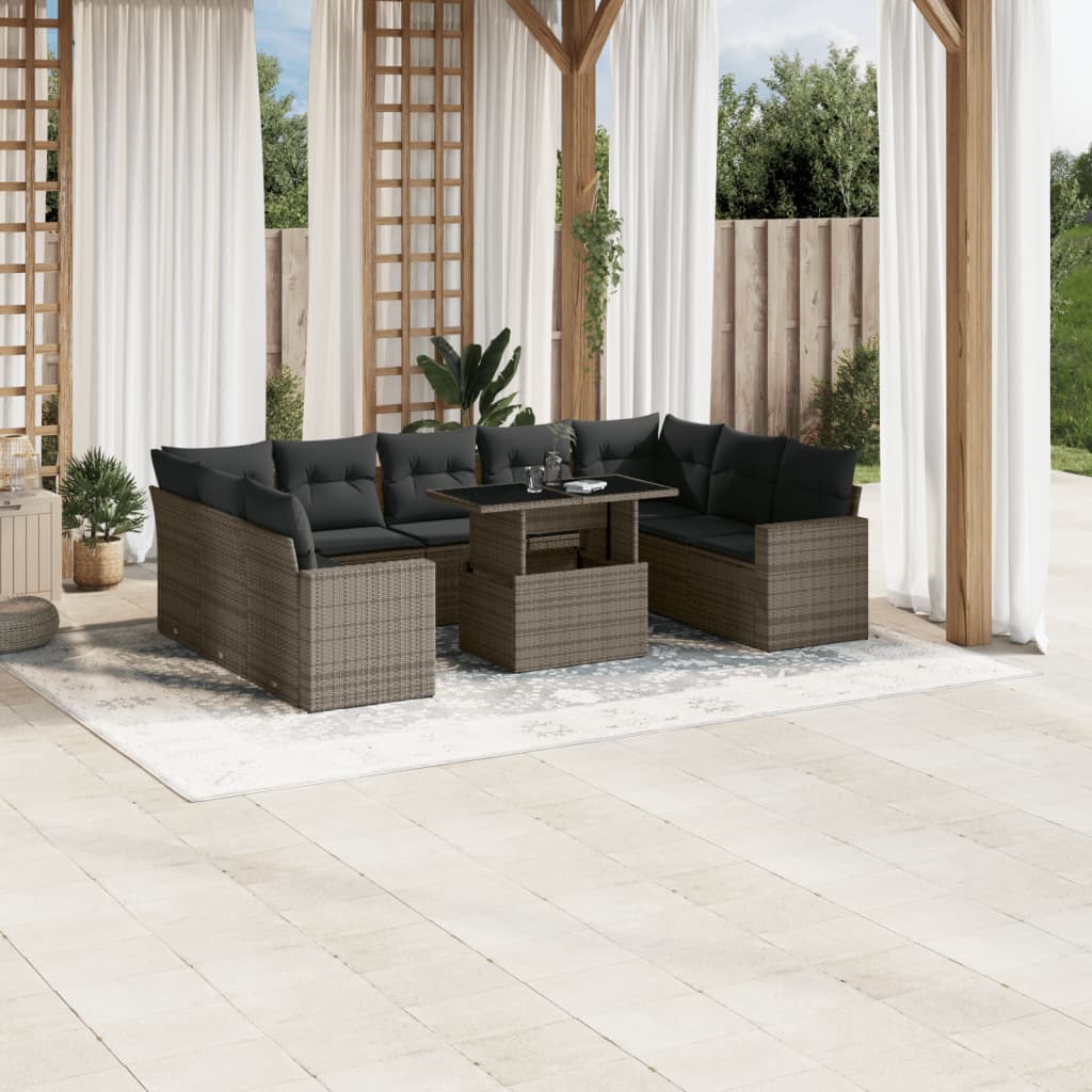 Set Divano da Giardino 10 pz con Cuscini Grigio in Polyrattan - homemem39