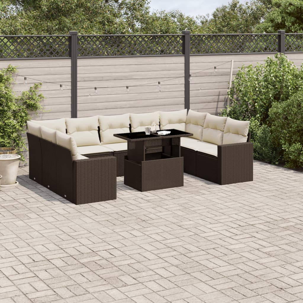 Set Divani da Giardino 10pz con Cuscini in Polyrattan Marrone | homemem39