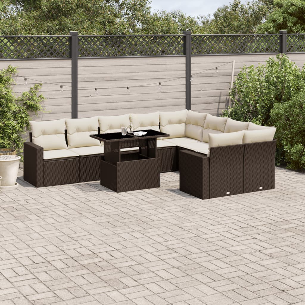 Set Divani da Giardino 10pz con Cuscini in Polyrattan Marrone | homemem39