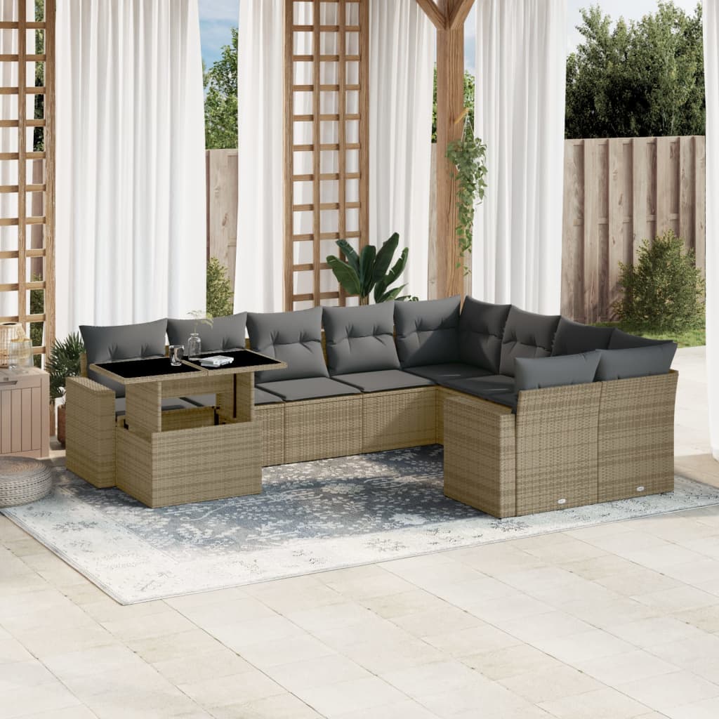 Set Divano da Giardino 10 pz con Cuscini Beige in Polyrattan - homemem39