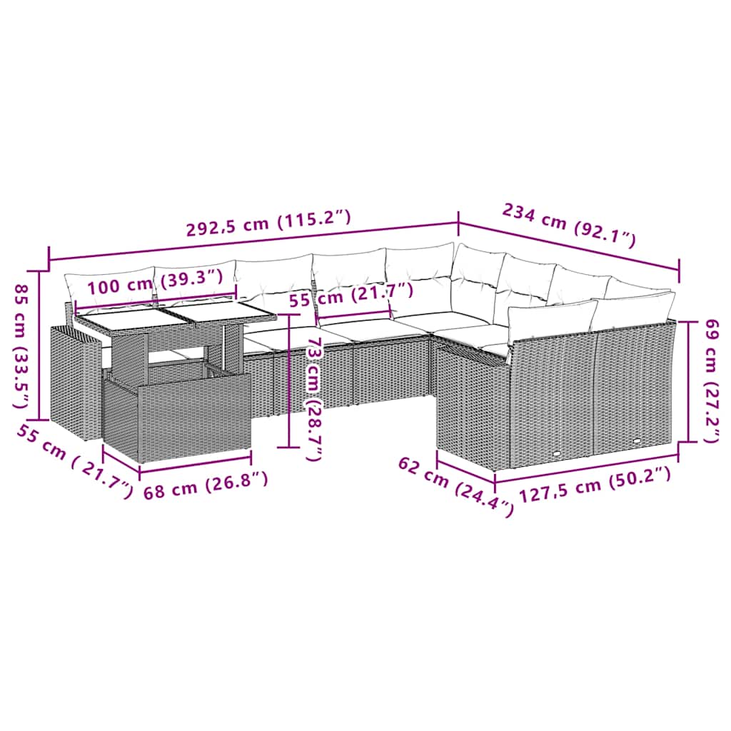 Set Divani da Giardino 10 pz con Cuscini Grigio in Polyrattan | homemem39