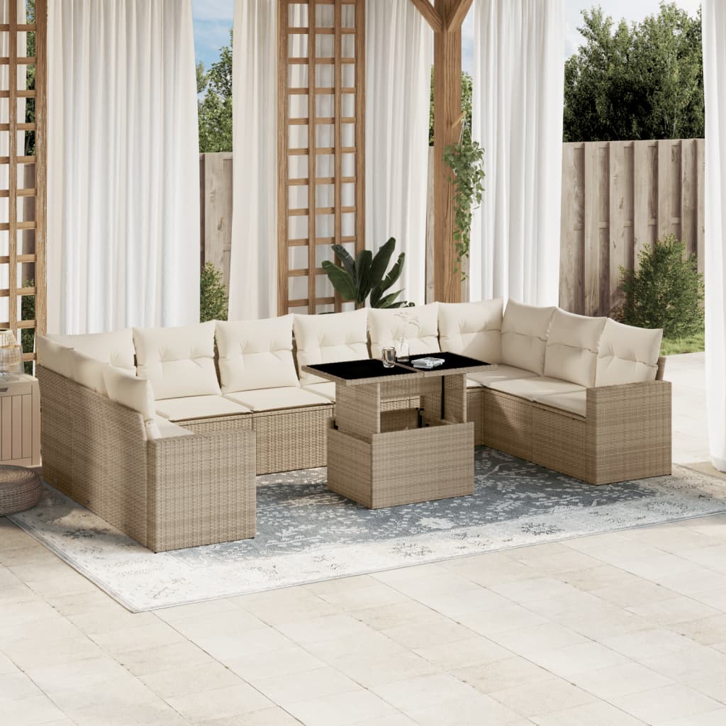 Set Divani da Giardino 11 pz con Cuscini Beige in Polyrattan - homemem39