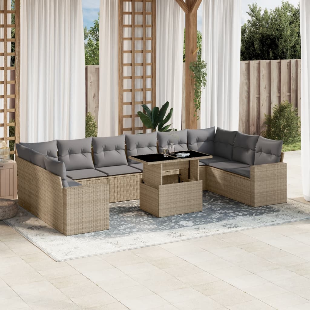 Set Divani da Giardino 11 pz con Cuscini Beige in Polyrattan | homemem39