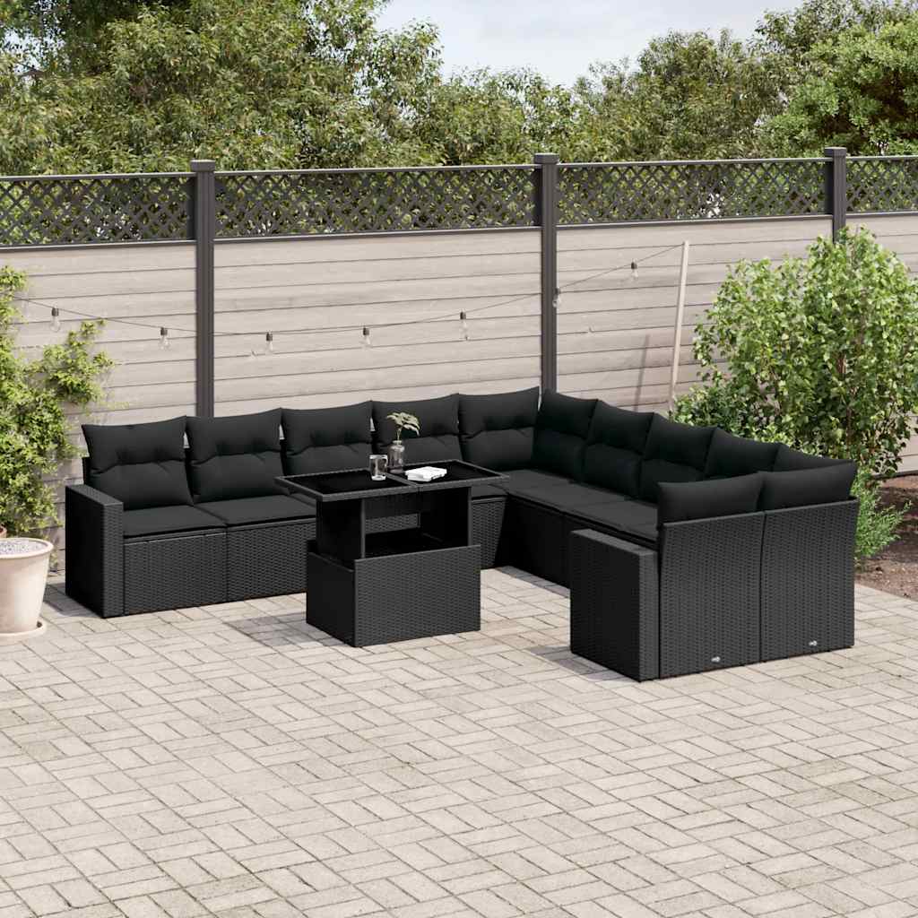 Set Divani da Giardino 11 pz con Cuscini in Polyrattan Nero | homemem39