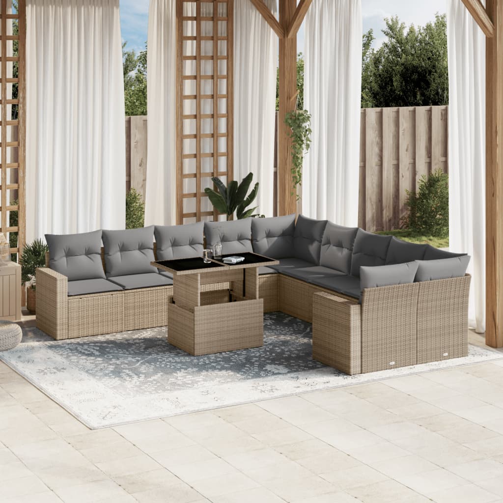 Set Divani da Giardino 11 pz con Cuscini Beige in Polyrattan - homemem39