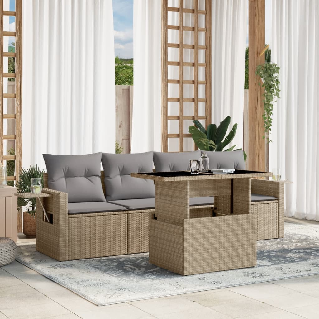 Set Divano da Giardino 5 pz con Cuscini Beige in Polyrattan - homemem39