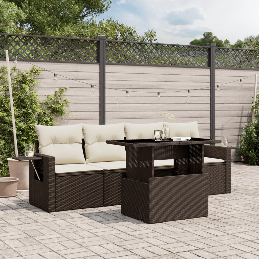 Set Divano da Giardino 5 pz con Cuscini Marrone in Polyrattan - homemem39