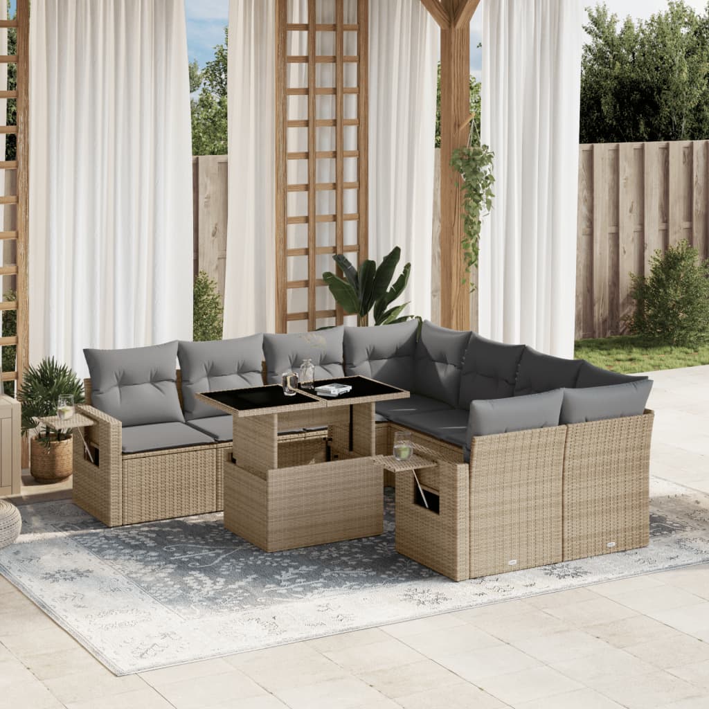 Set Divano da Giardino 9 pz con Cuscini Beige in Polyrattan | homemem39