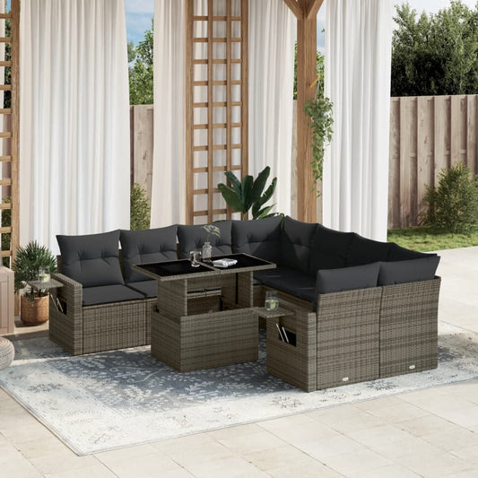 Set Divano da Giardino 9 pz con Cuscini Grigio in Polyrattan - homemem39
