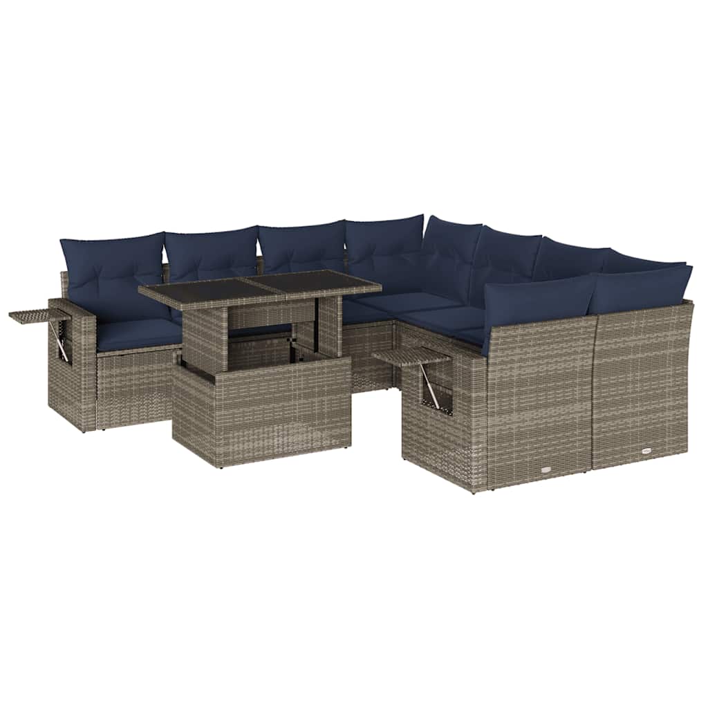 Set Divani da Giardino 9 pz con Cuscini Grigio in Polyrattan