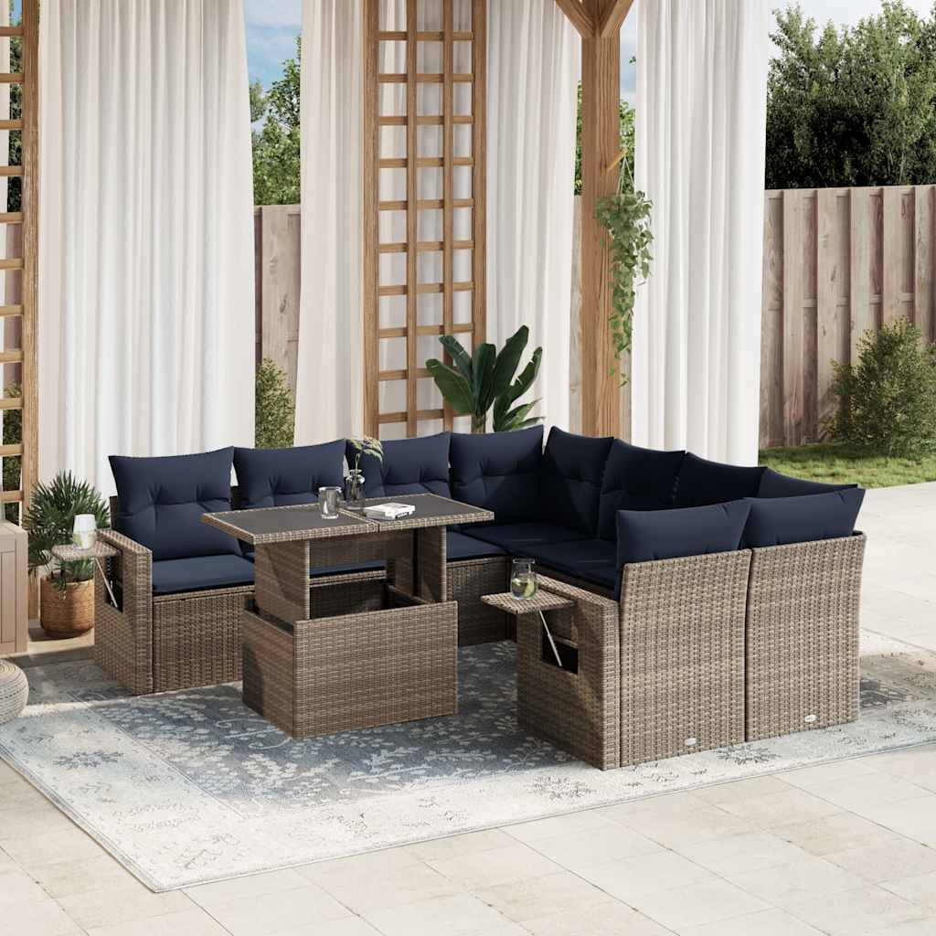Set Divani da Giardino 9 pz con Cuscini Grigio in Polyrattan